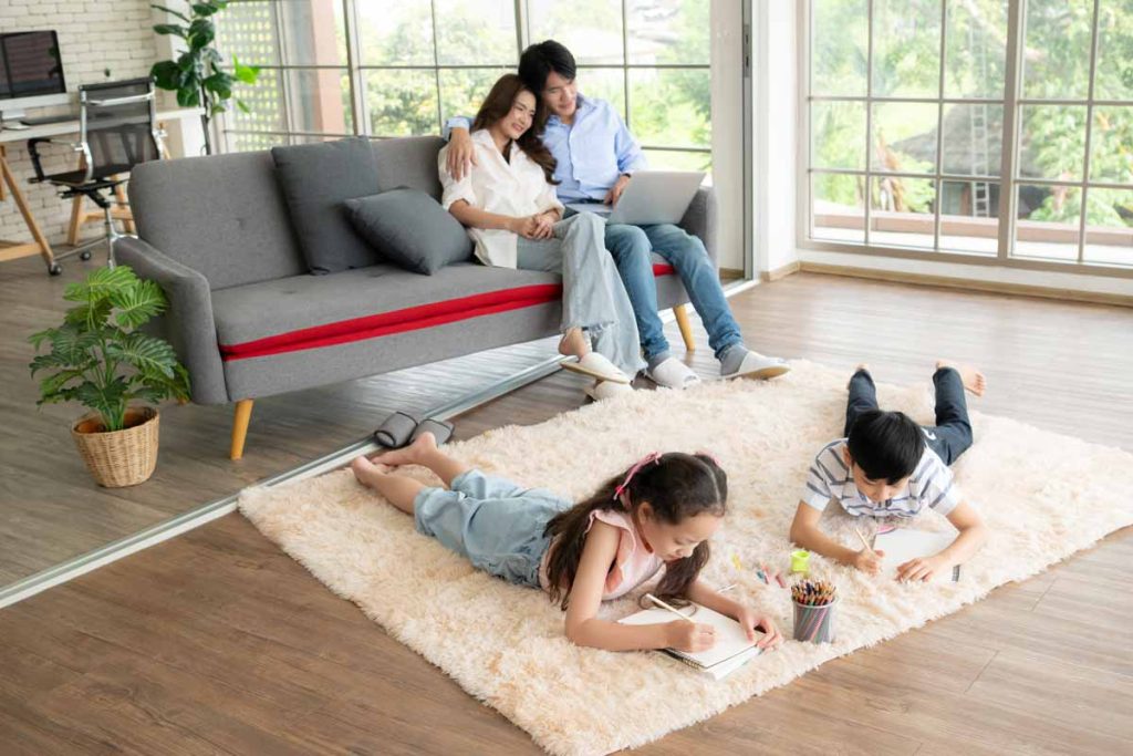 A joyful family smiles together while enjoying a clean - carpet stain removal